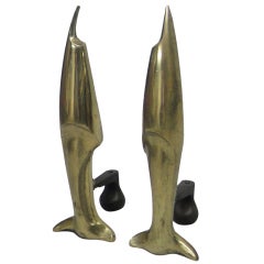 Vintage Pair of Solid Bronze Andirons Circa 1930 French