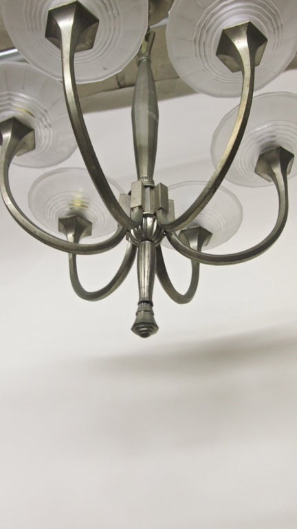 French Deco Ceiling Fixture in Original Nickel and Glass, circa 1930