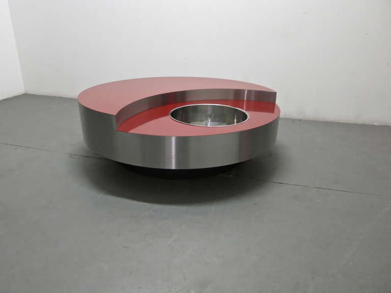 French Round Red Revolving Coffee Table Designed by Willy Rizzo 1971 Made in France