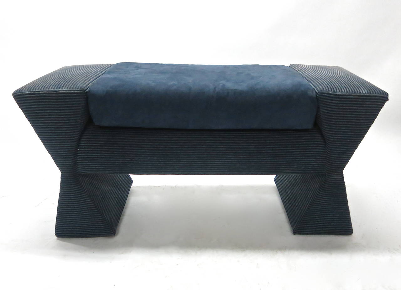 Bench in original blue fabric was custom made for dressing room in 1982. The rectangular form was Memphis influenced and part of a three piece set listed separately from the stool and ottoman. Each side has inverted triangles stacked with a cushion