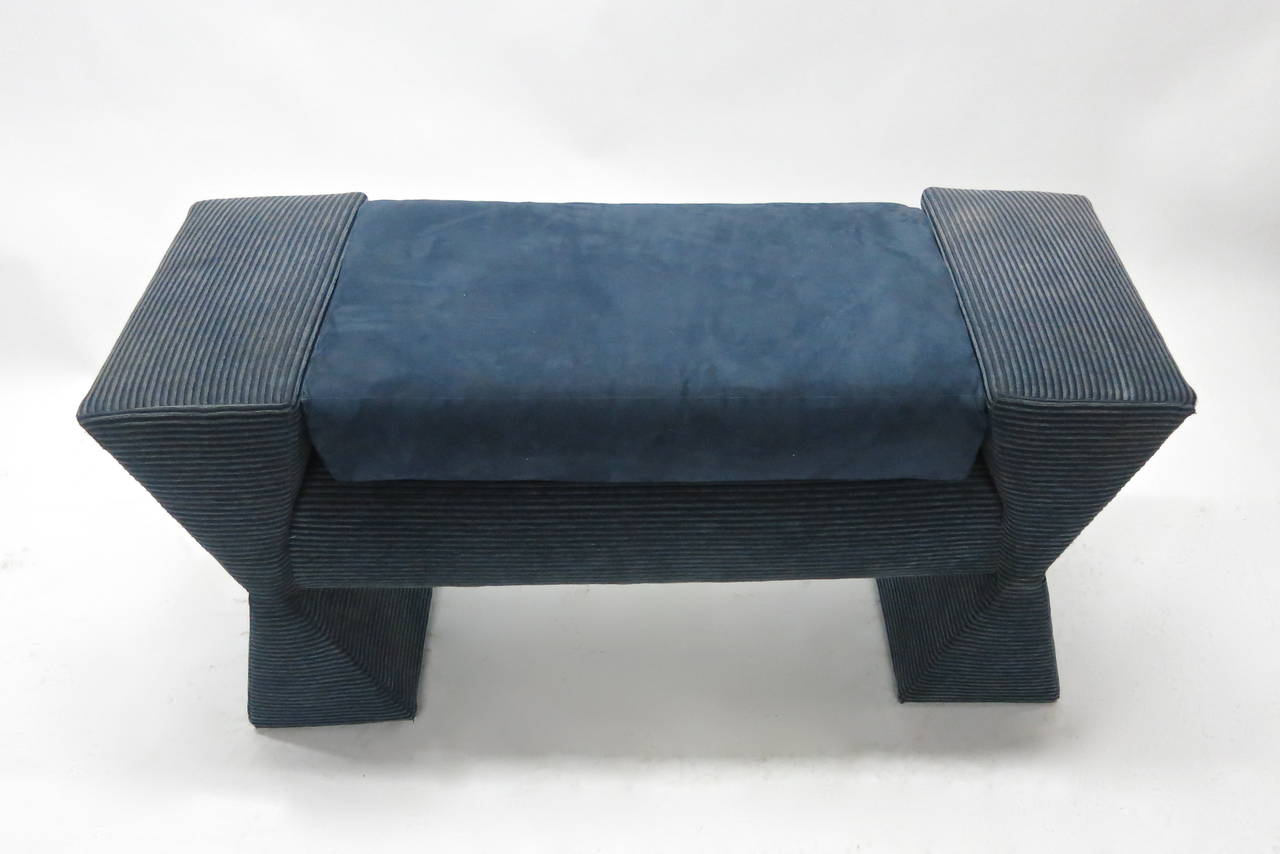 Modern Memphis Style Bench in original Blue fabric Made in 1980s