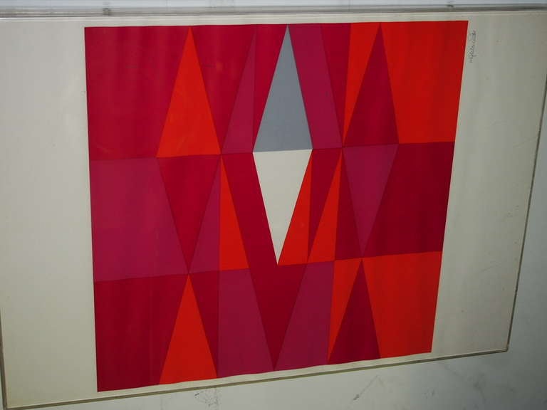 Mid-20th Century Print With Geometric Shades Of Red Signed Circa 1960 French