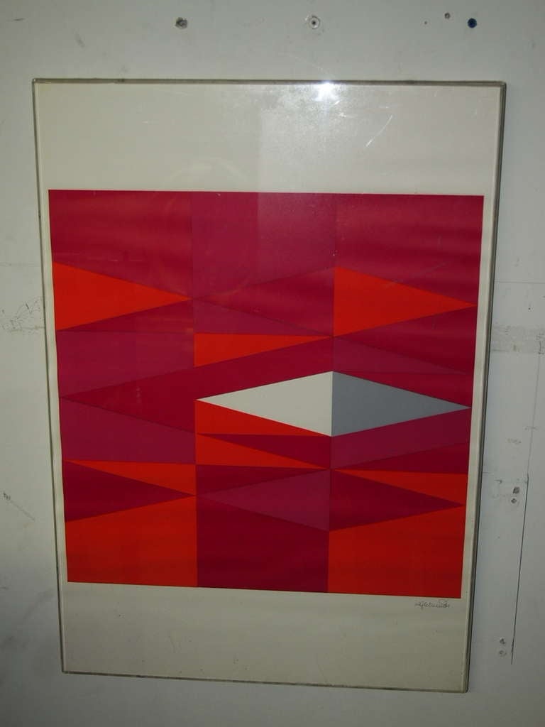 Print from France with geometric shapes in shades of red, with an off-center accent in grey and white. Signed in the lower right corner and completely covered in acrylic.