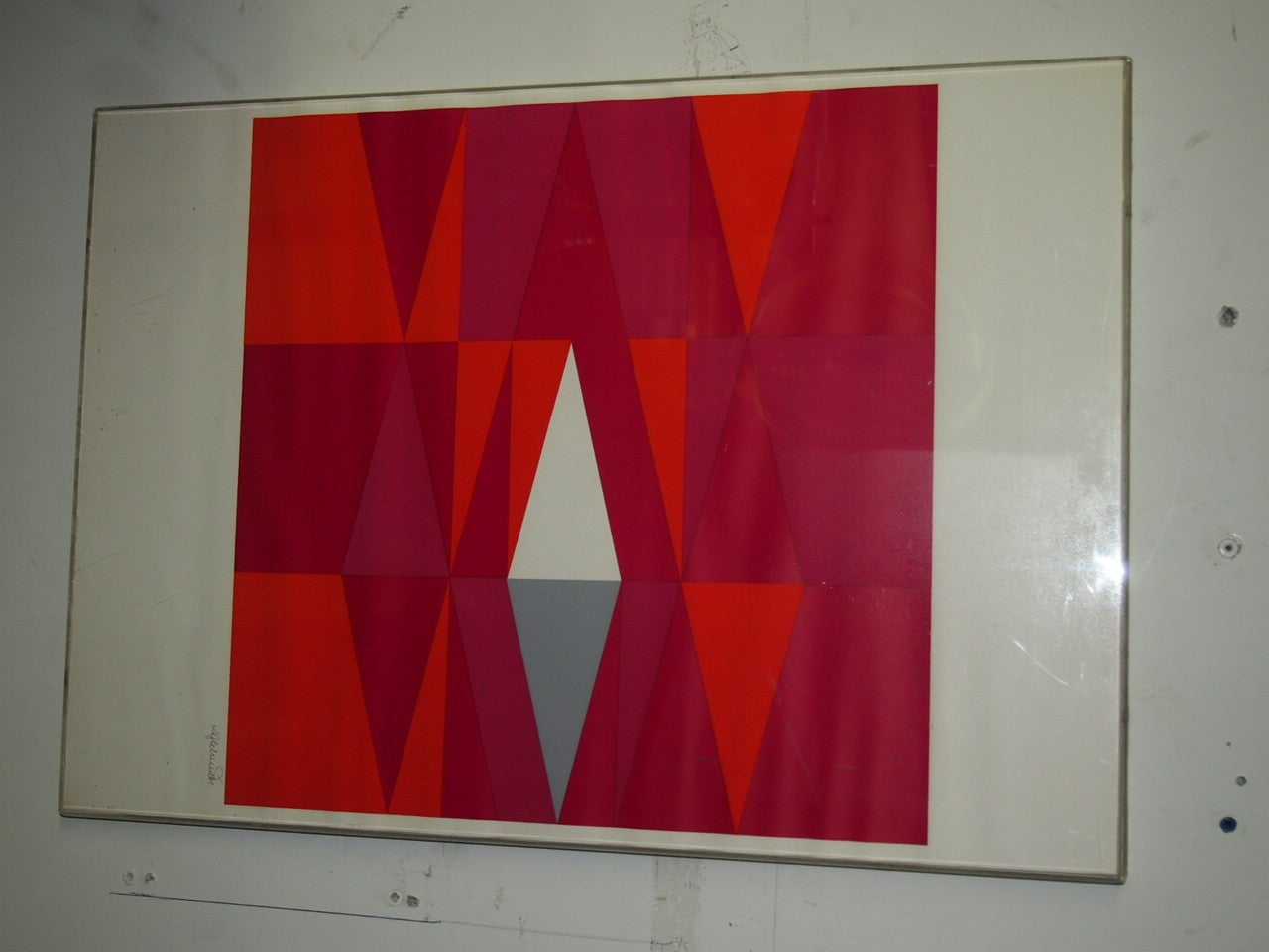 Print With Geometric Shades Of Red Signed Circa 1960 French