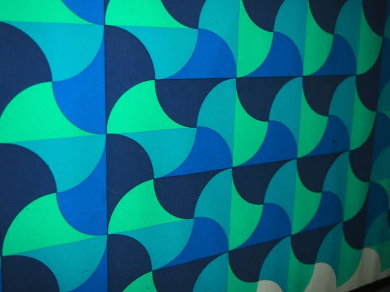 Print with Geometric Shades Of Blue and Green Signed Circa 1960 French In Excellent Condition In Jersey City, NJ