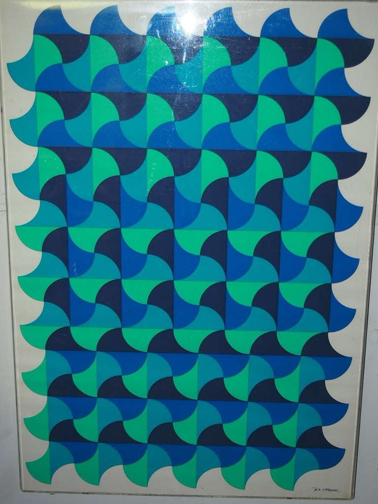 Print completely framed in acrylic with blue and green shades in a geometric pattern. Signed.