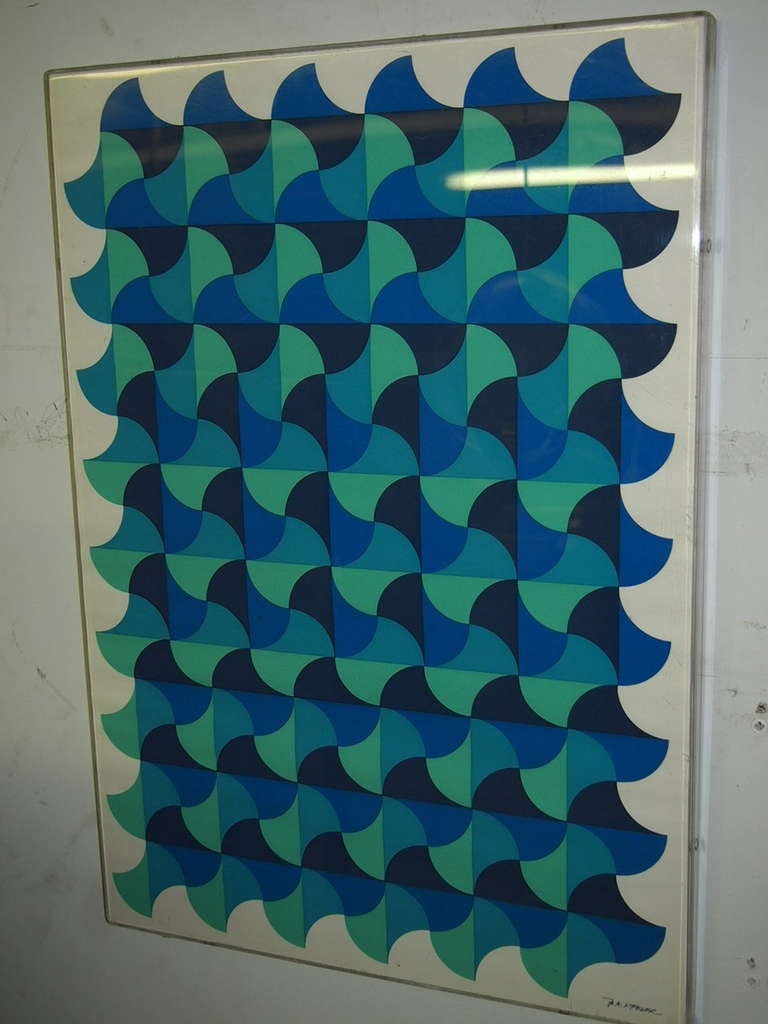 Mid-Century Modern Print with Geometric Shades Of Blue and Green Signed Circa 1960 French