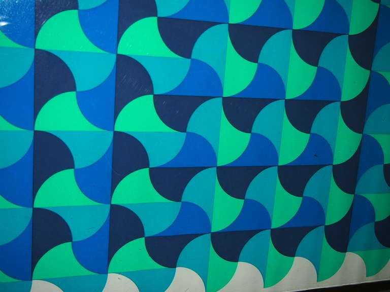 Print with Geometric Shades Of Blue and Green Signed Circa 1960 French 1