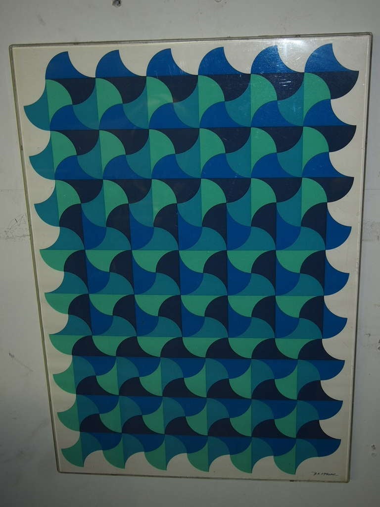 Print with Geometric Shades Of Blue and Green Signed Circa 1960 French 4