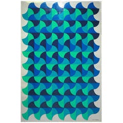 Print with Geometric Shades Of Blue and Green Signed Circa 1960 French