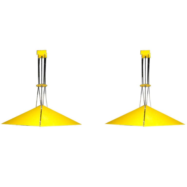 Ceiling fixtures in Yellow and White Enameled Metal each with four thin cords that allow for precise height adjustment. The extra cords store in the canopy that also hides the wiring. All labeled Bieffeplast Padova Italy