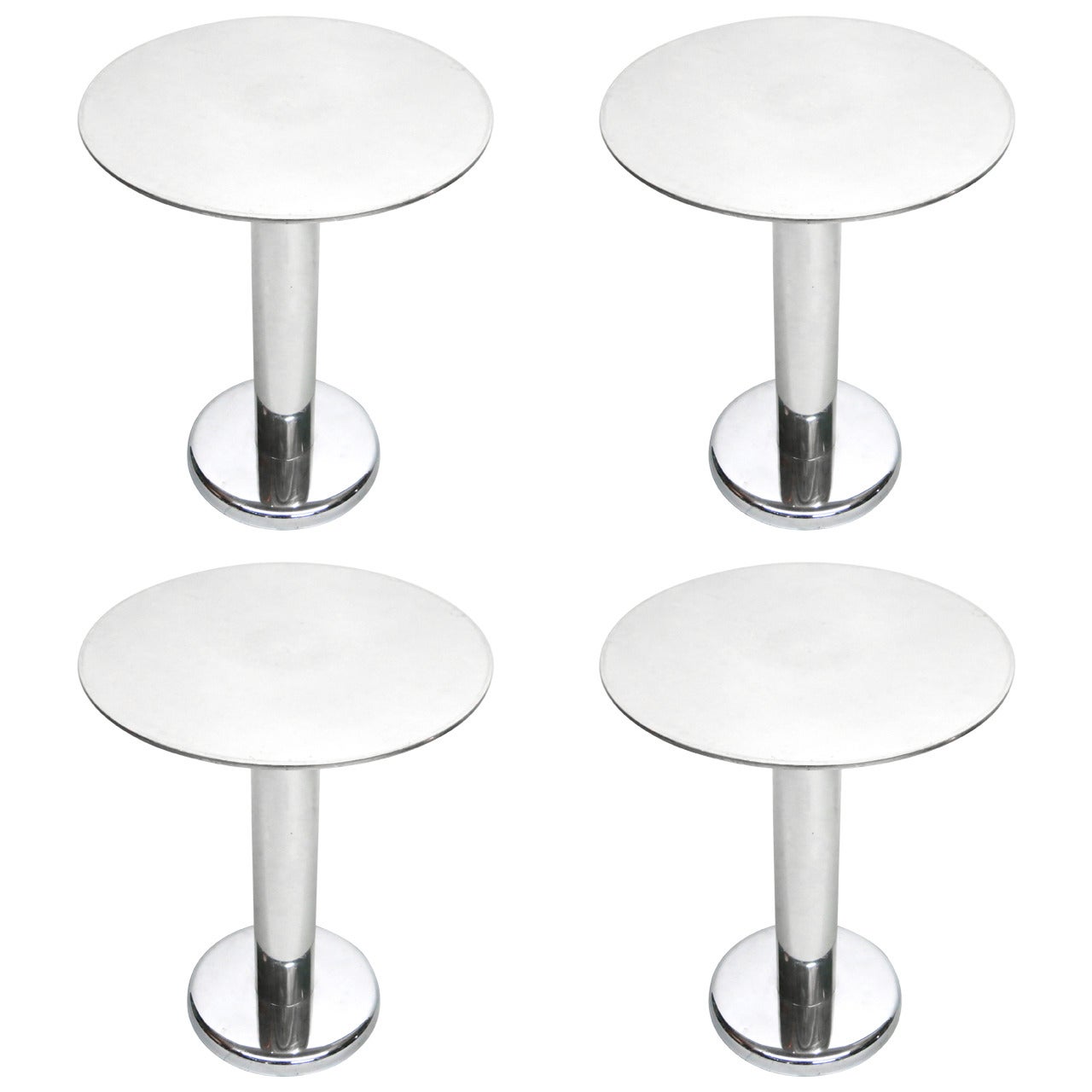 Four Round Side Tables in Polished Steel Made in USA, circa 1980