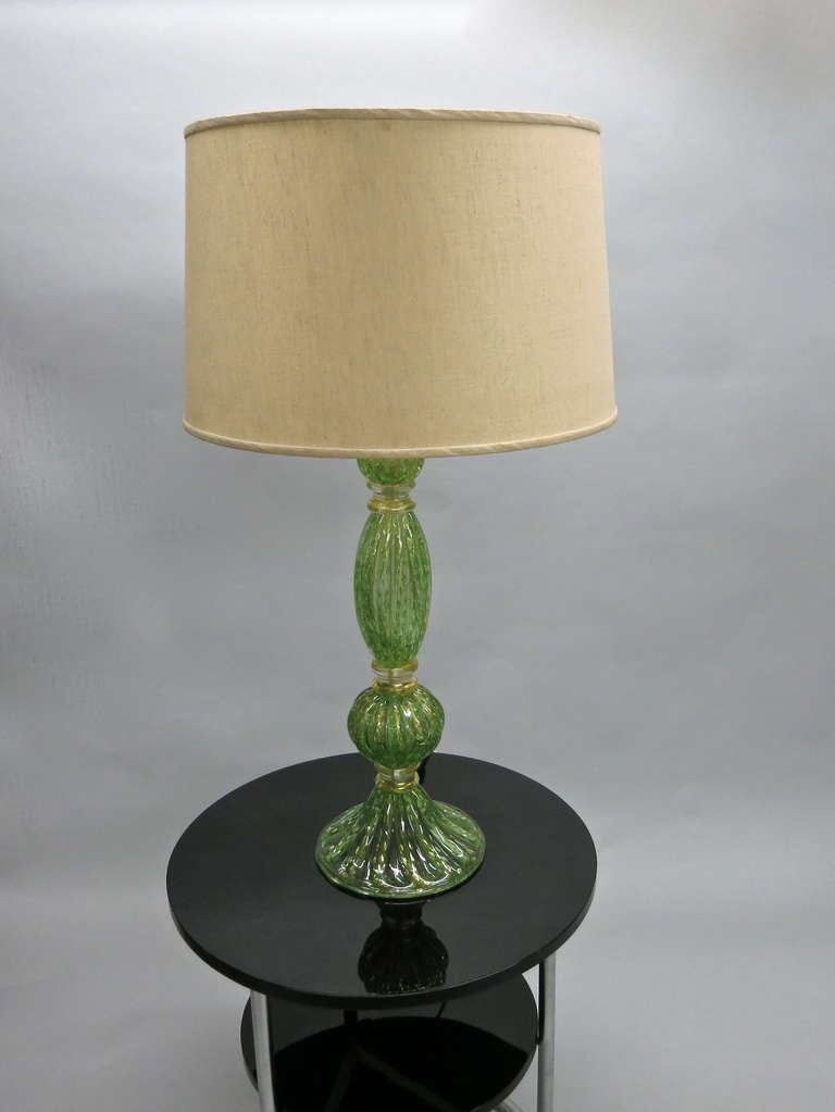 Pair of green glass table lamps by Murano. The shades are 14