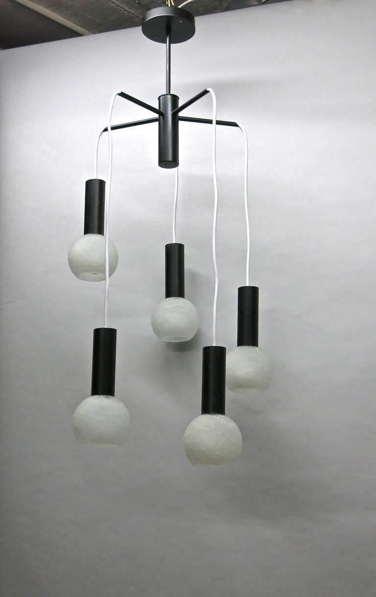 American Ceiling Fixture with 5 White Crackled Glass Shades, Circa 1965 USA For Sale