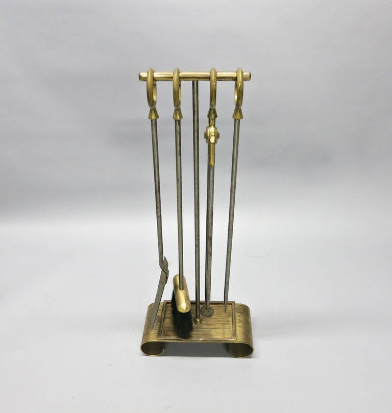 Set of Fire Tools and Stand in Brass over Bronze Original Condition, USA, 1930s 5