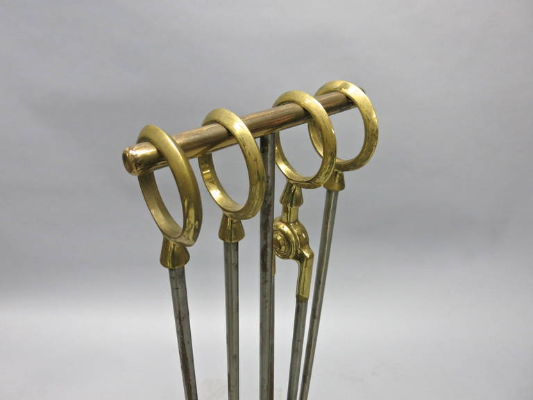 Set of Fire Tools and Stand in Brass over Bronze Original Condition, USA, 1930s 3