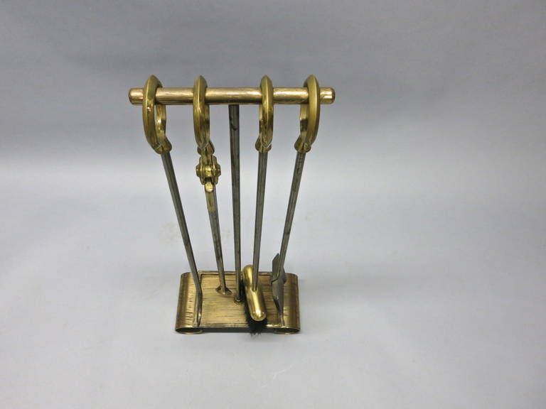Set of Fire Tools and Stand in Brass over Bronze Original Condition, USA, 1930s In Good Condition In Jersey City, NJ