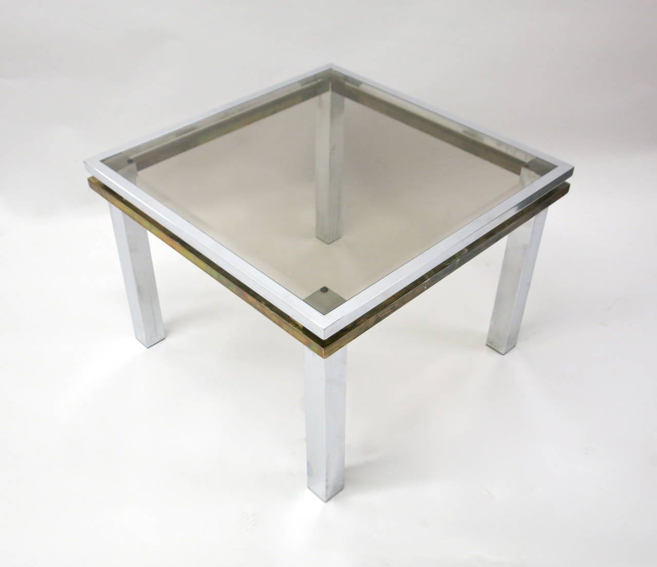 American Pair of Square Side Tables in Chrome and Brass, USA C. 1970 For Sale