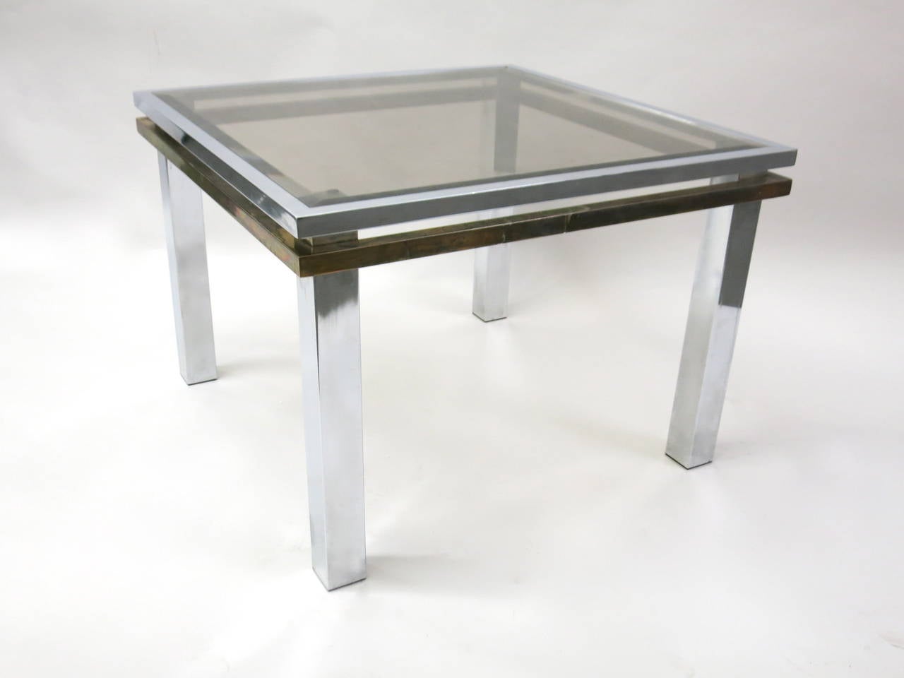 Metal Pair of Square Side Tables in Chrome and Brass, USA C. 1970 For Sale