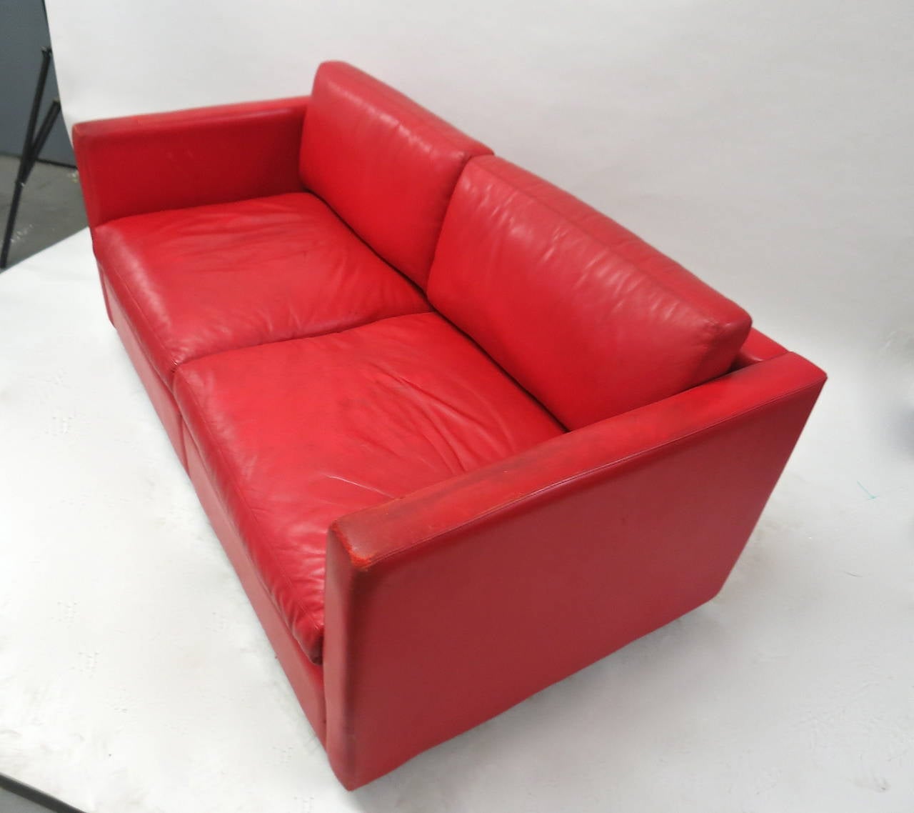 American Red Leather Two Seater Sofa Circa 1970 Made in USA