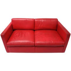 Red Leather Two Seater Sofa Circa 1970 Made in USA 2