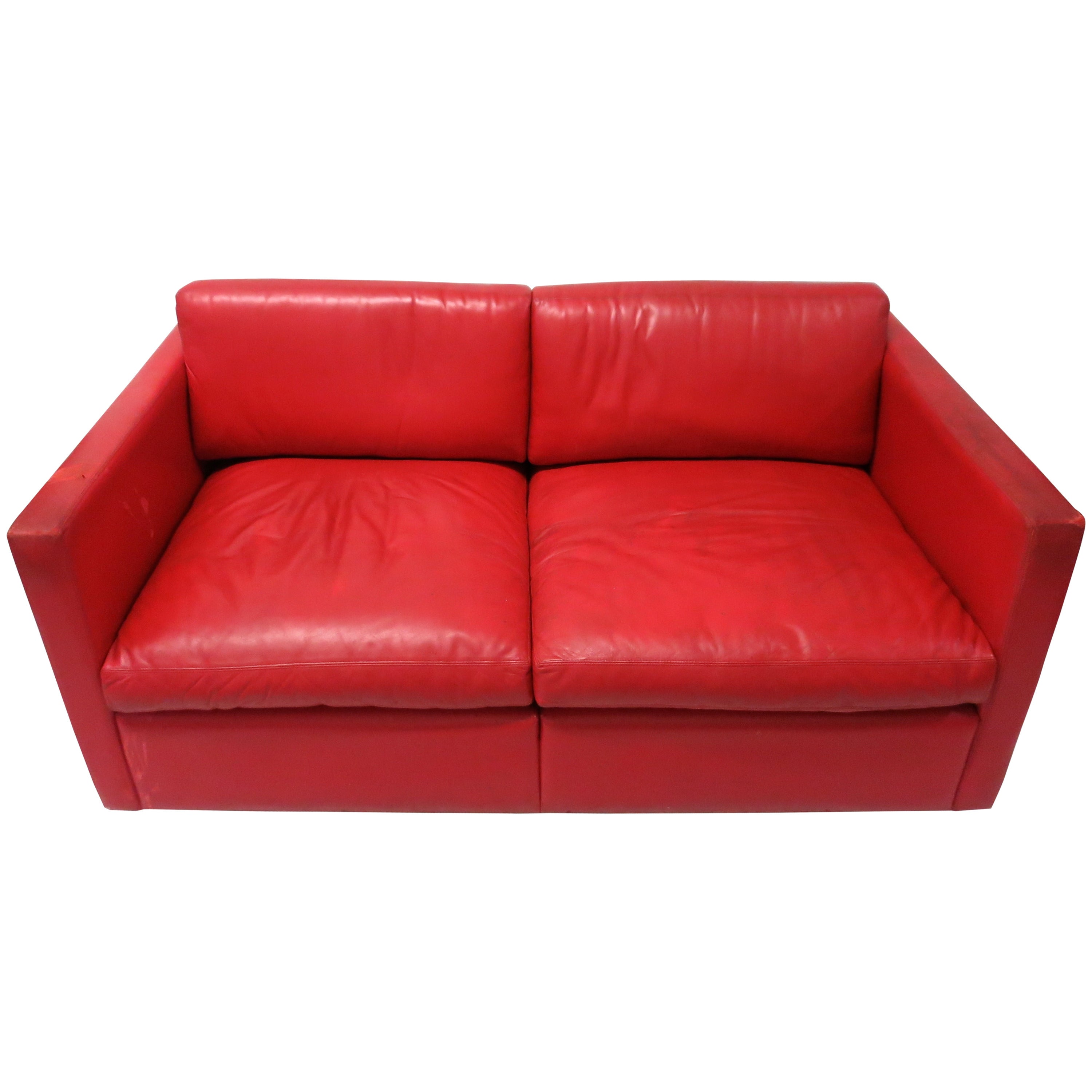 Red Leather Two Seater Sofa Circa 1970 Made in USA