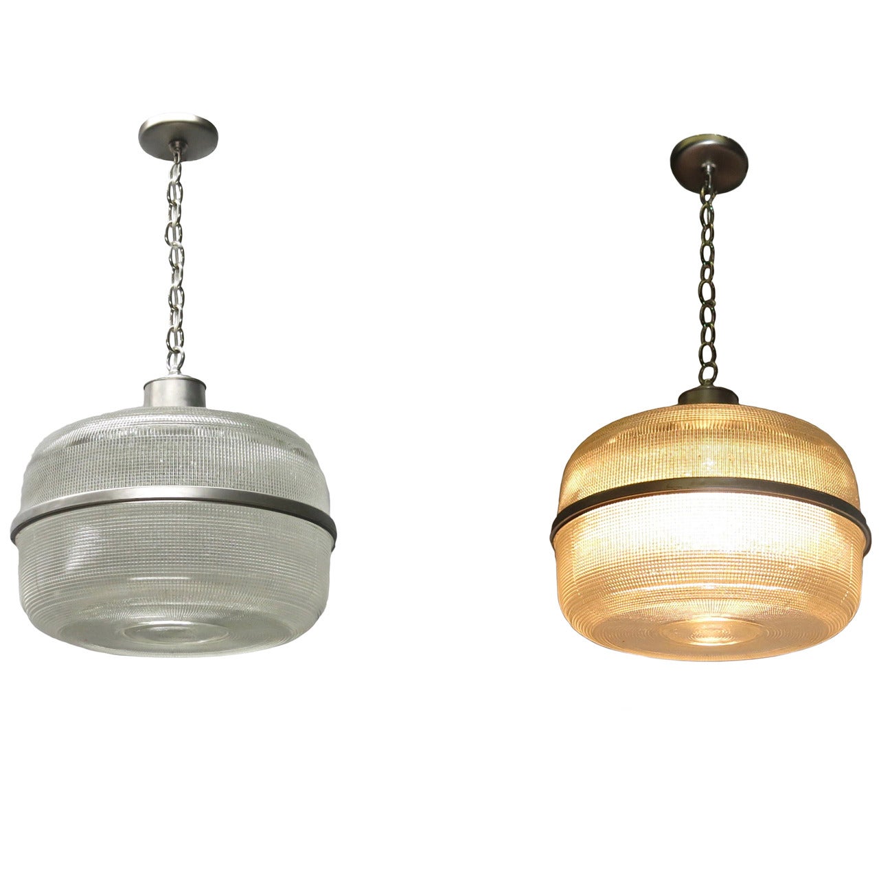 Pair of Ceiling Fixtures in Holophane Glass, circa 1940 USA