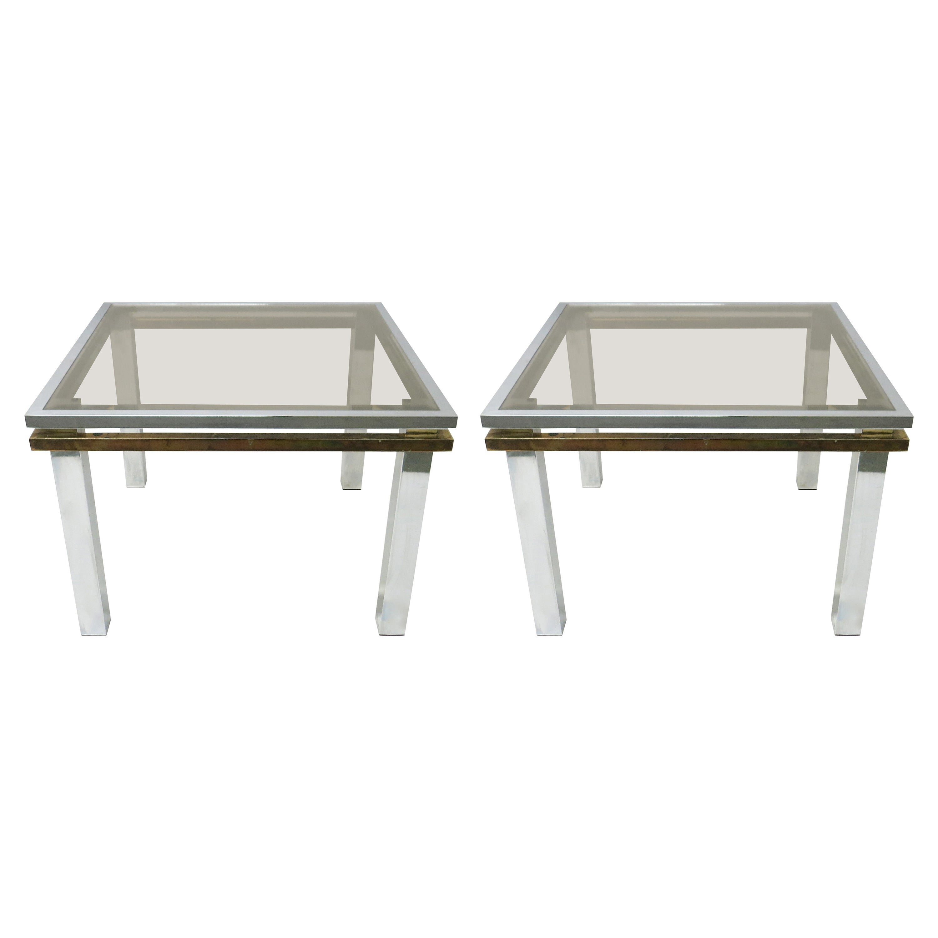 Pair of Square Side Tables in Chrome and Brass, USA C. 1970 For Sale