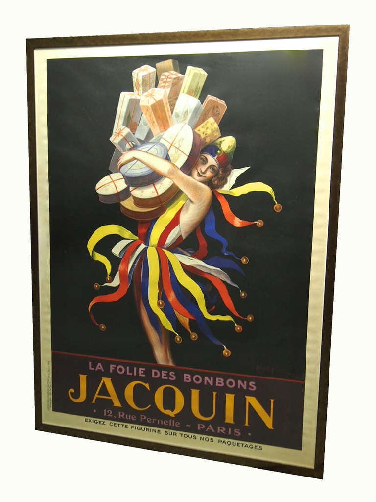 Lithograph on linen canvas by Leonette Cappiello for publishing company Davembez of the French chocolatier Bonbons Jacquin. Great condition. Nicely framed in a metal frame with a textured, copper finish, and plexiglass.