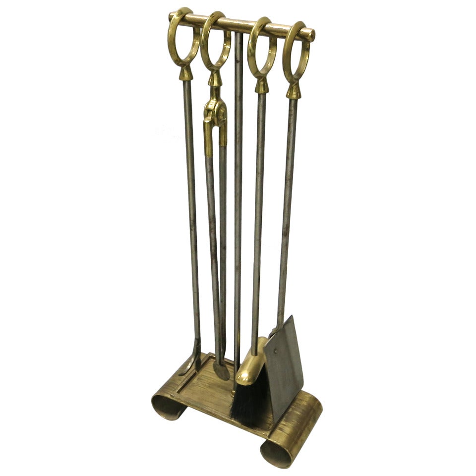 Set of Fire Tools and Stand in Brass over Bronze Original Condition, USA, 1930s