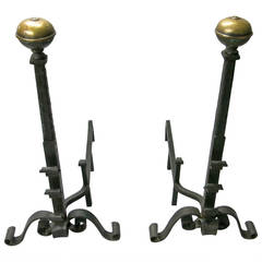 Tall Pair of Hand-Forged Andirons, Arts & Crafts, Made in USA, circa 1920