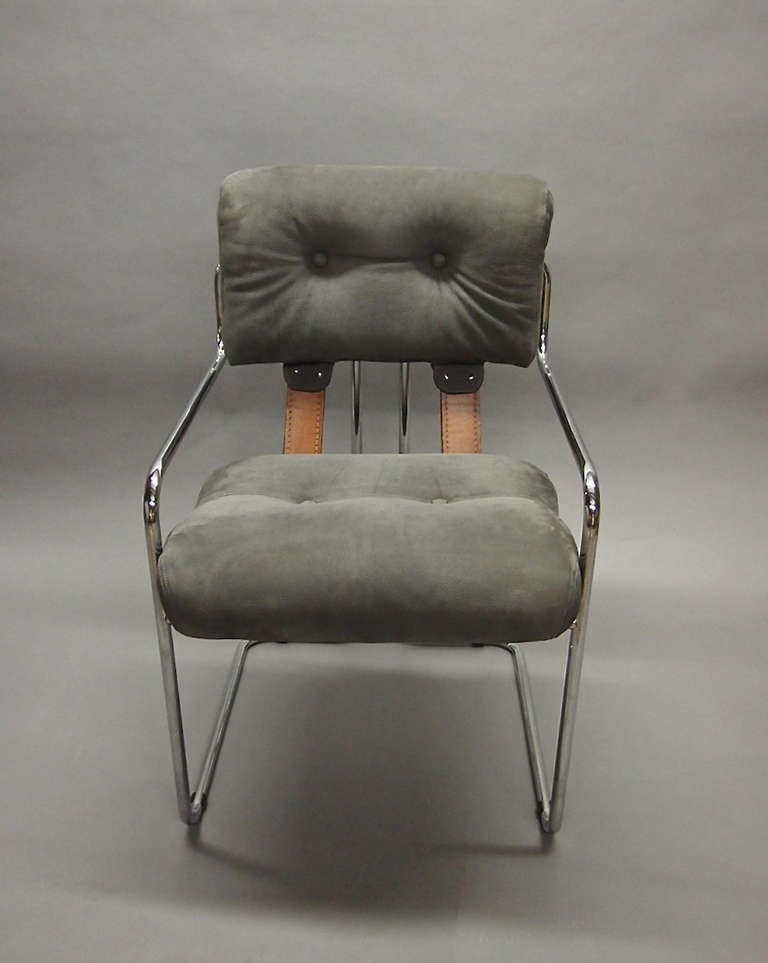 Pair of chairs in grey suede designed in 1970's by Guido Faleschini for Mariani and sold in the USA as Pace collection. This pair has been reupholstered and is in great condition.