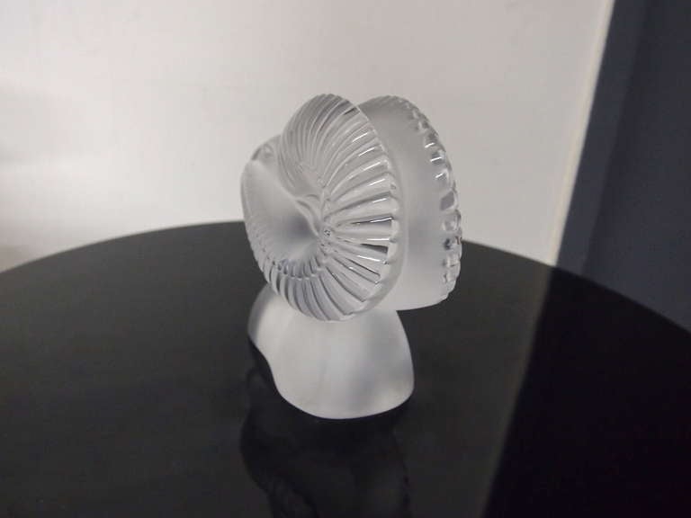 French Ram's Head Sculpture in Frosted Crystal Signed Lalique R France