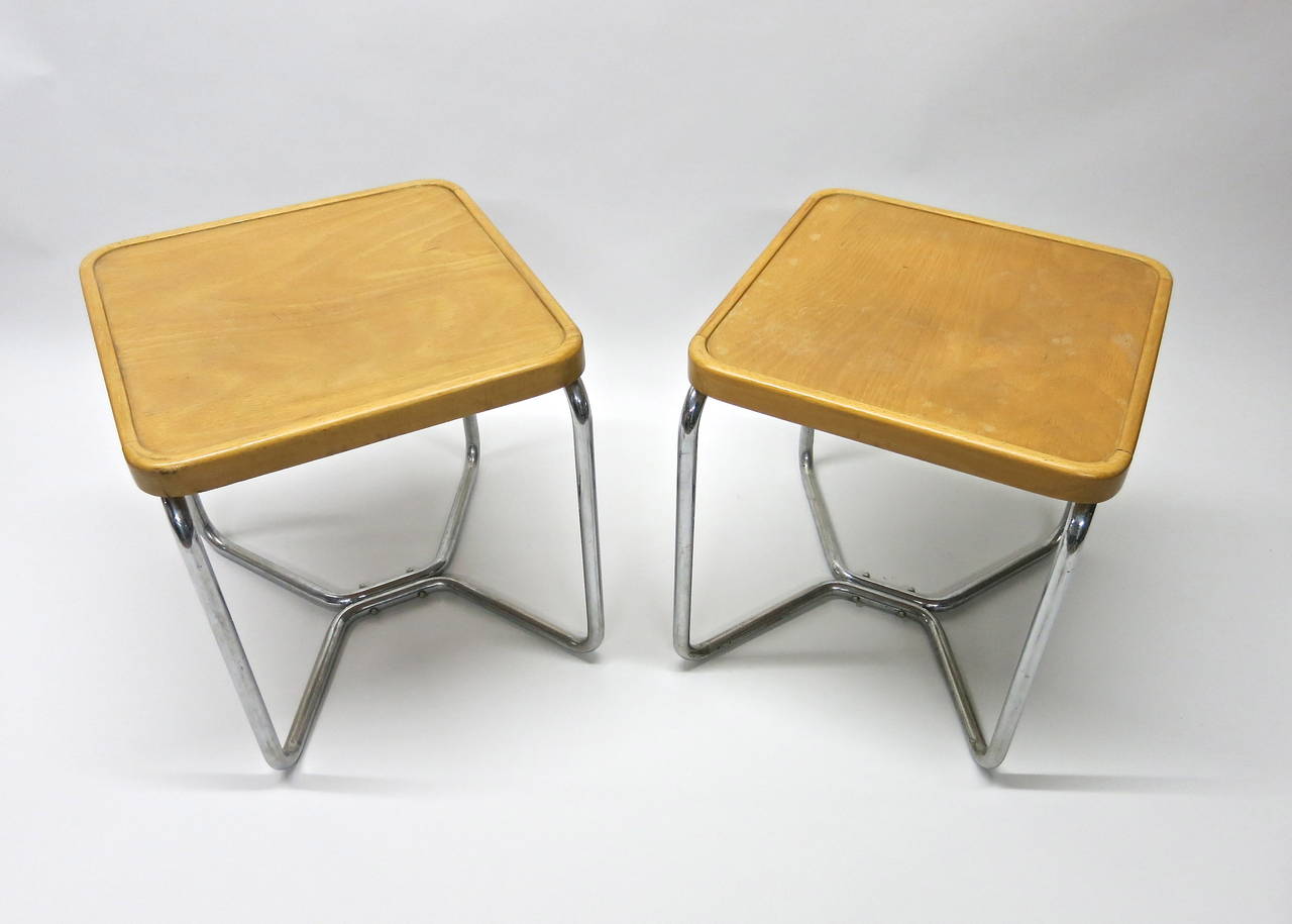 Pair of B53 stools with wooden seats.
