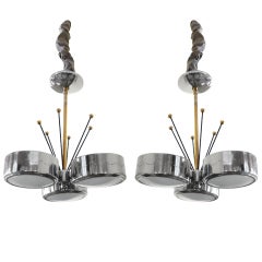 Pair of Chrome and Brass 3 Light Chandeliers