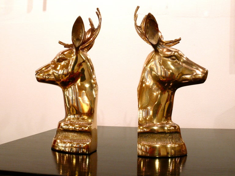 Mid-Century Modern Pair of Brass Elk Head Bookends