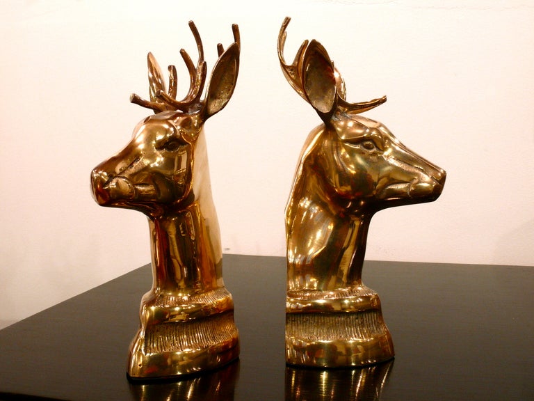 Mid-20th Century Pair of Brass Elk Head Bookends