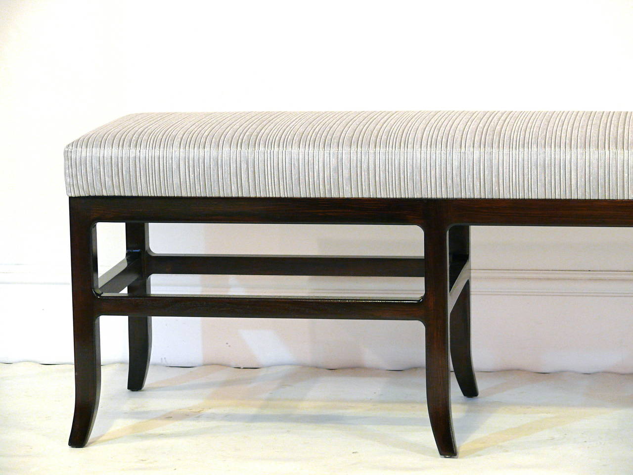 Upholstery Double Pedestal Splayed Leg Bench in the Manner of James Mont
