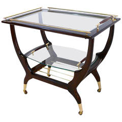 Italian Walnut and Brass Rolling Bar Cart