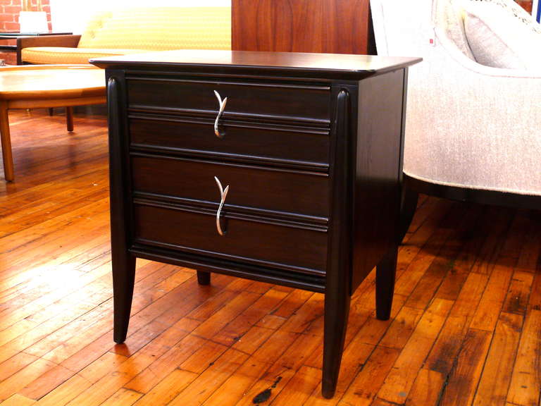 Pair of nightstands or end tables newly refinished in a deep espresso with polished nickel leafy pulls.