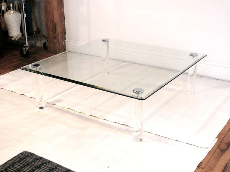 Pace Collection Lucite and Glass Coffee Table.  Lucite newly polished as well as chrome caps.  Glass has radius corners and is scratch free.