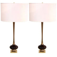 Pair of Rosewood and Brass Laurel Lamps