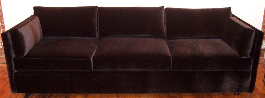 Dunbar sofa @ 1967 newly covered in dark charcoal mohair.  3 seats with loose back cushions and side cushions