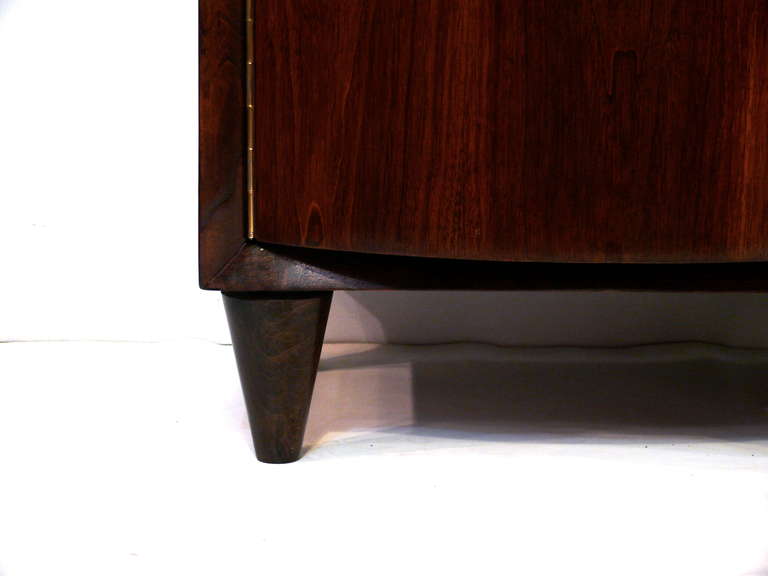 Walnut Pair of Modernage Bow-Front End Tables For Sale
