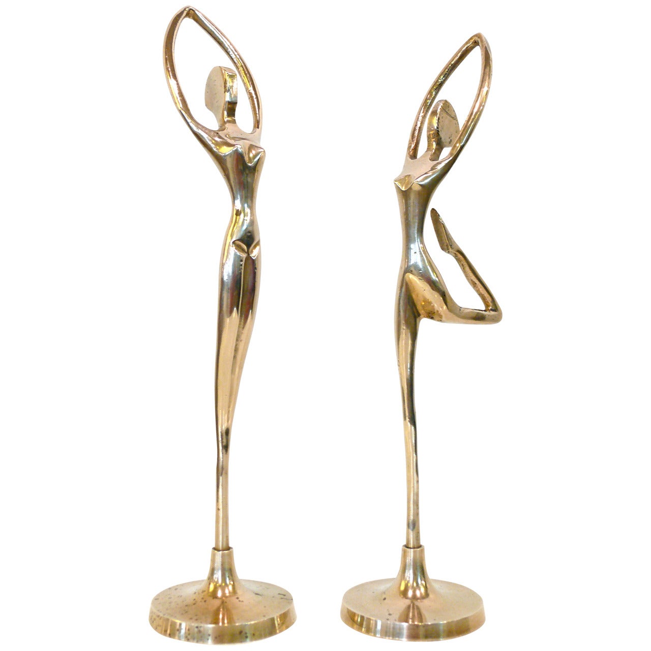 Pair of Small Mid-Century Polished Brass Sculptural Dancers