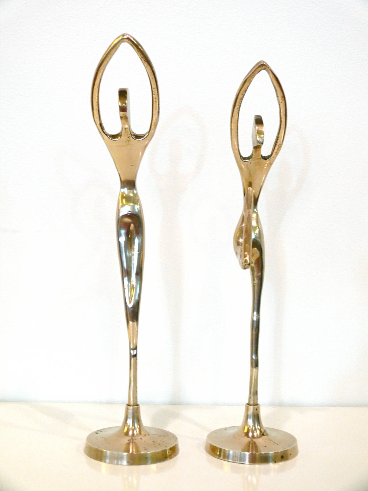 Pair of Small Mid-Century Polished Brass Sculptural Dancers 1