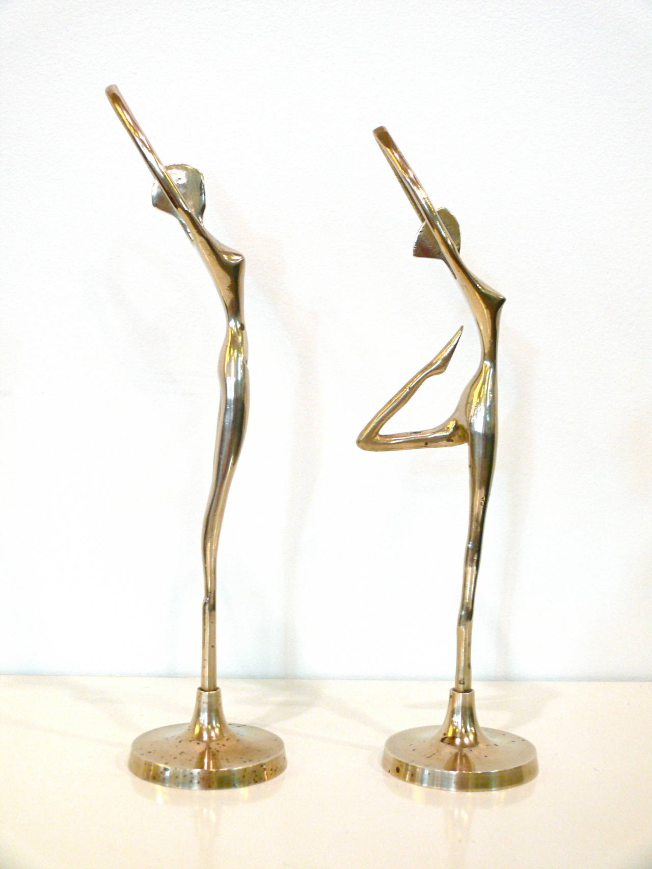 Pair of Small Mid-Century Polished Brass Sculptural Dancers 4