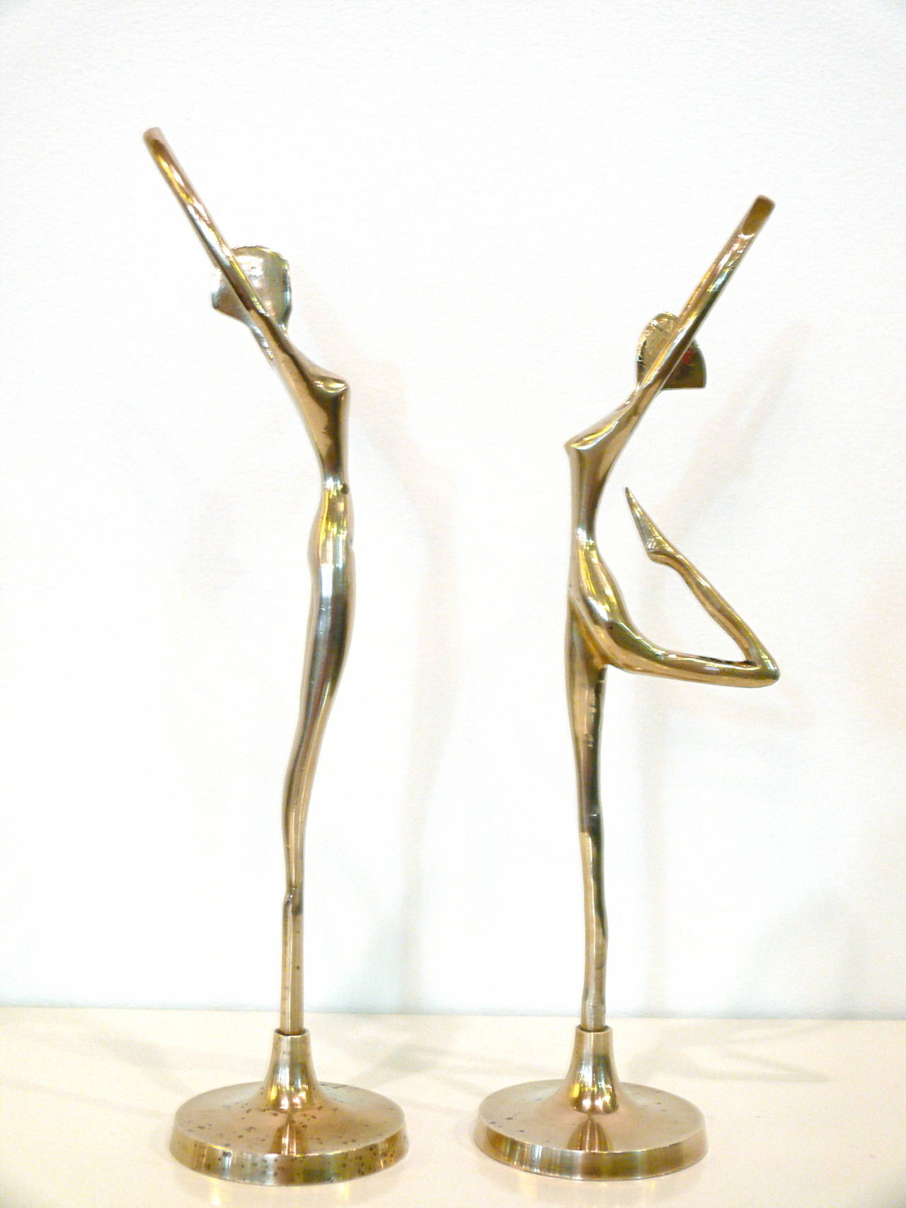 Pair of Small Mid-Century Polished Brass Sculptural Dancers 3