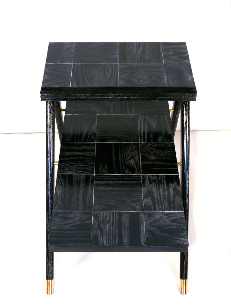 Mid-Century Modern Pair of Parquet Tiered End Tables