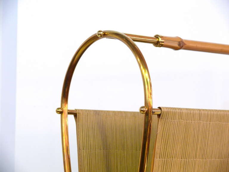 Mid-Century Modern Brass and Bamboo Magazine Rack